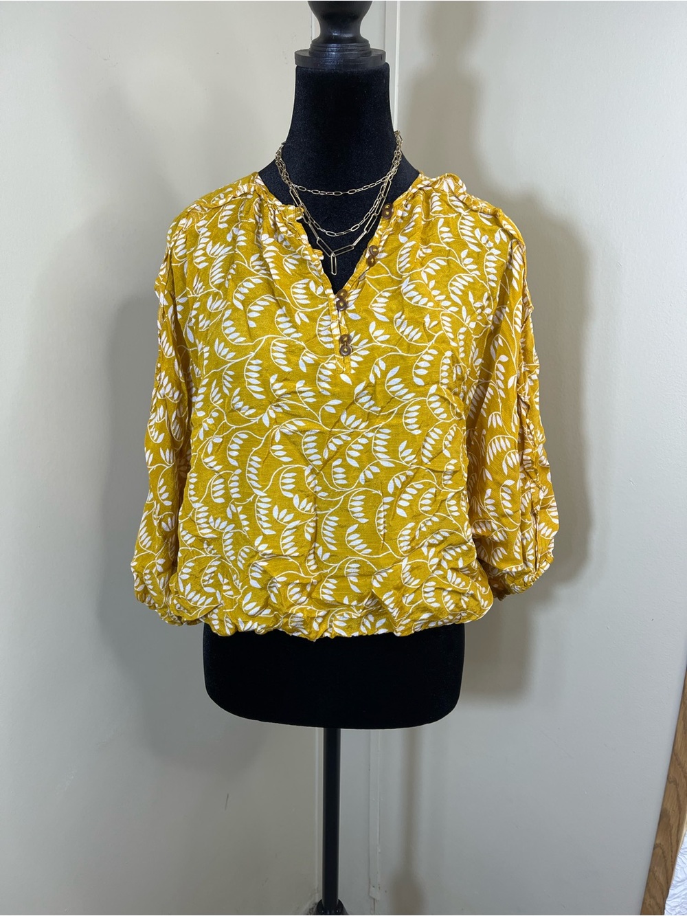 Maeve Mustard Yellow Leaf-Print Split-Neck Blouse
